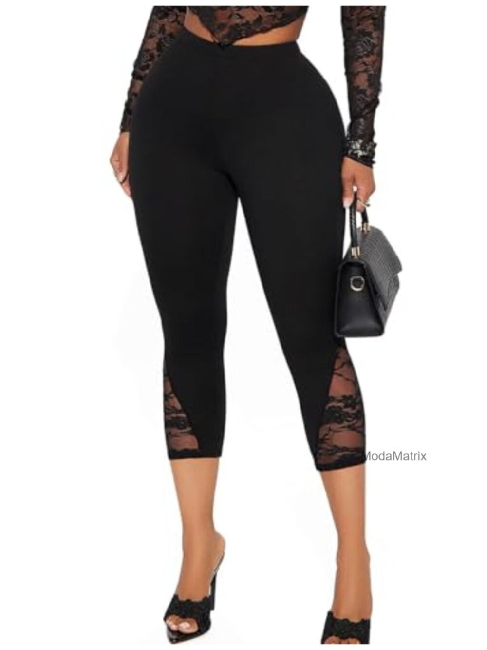 High Waisted Lace Capri Leggings Mesh Cropped Pull On Pants Dressy Casual